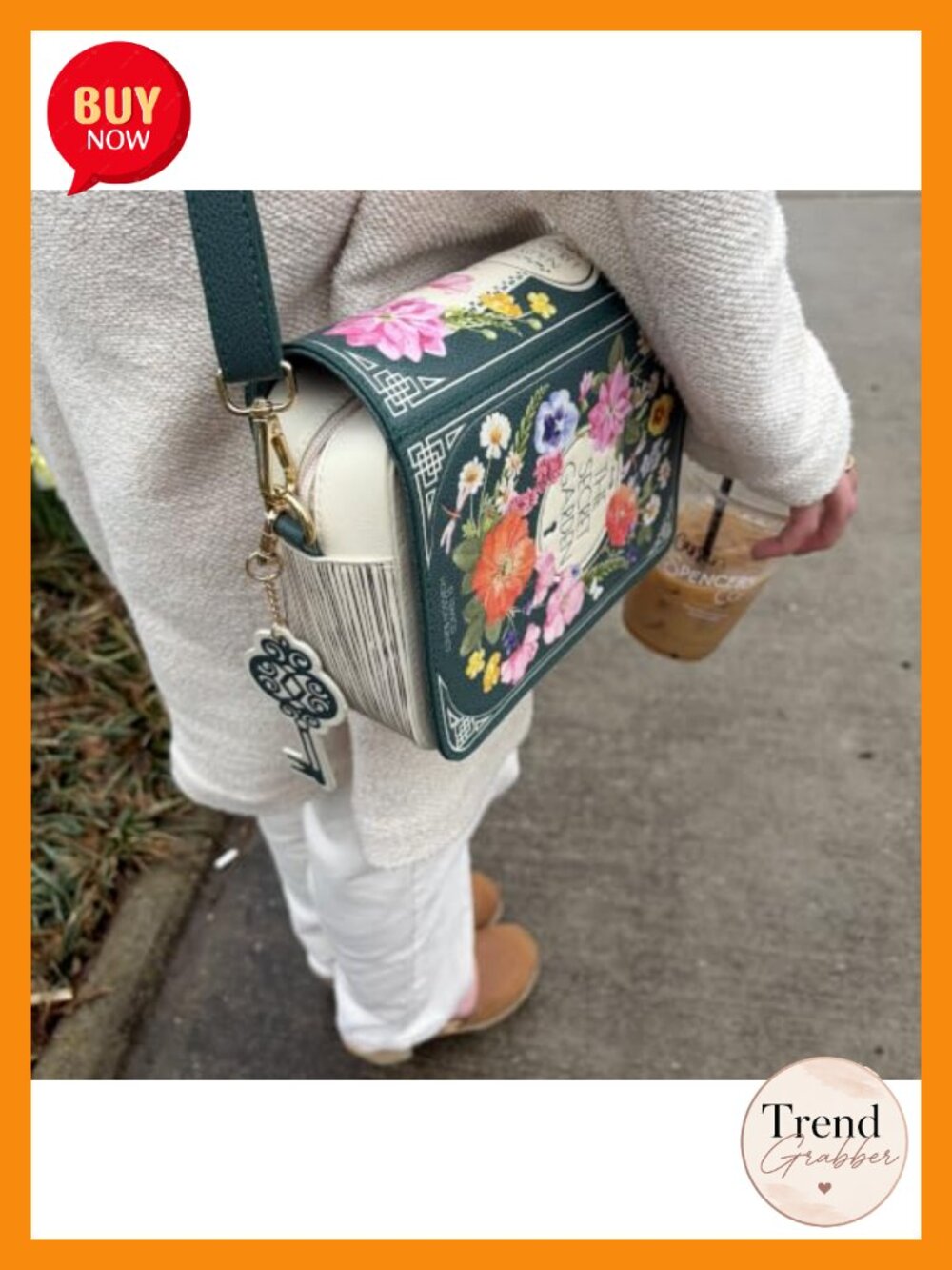 Vegan Leather Book Shaped Crossbody Bag with Floral Pattern - Picture 2 of 6